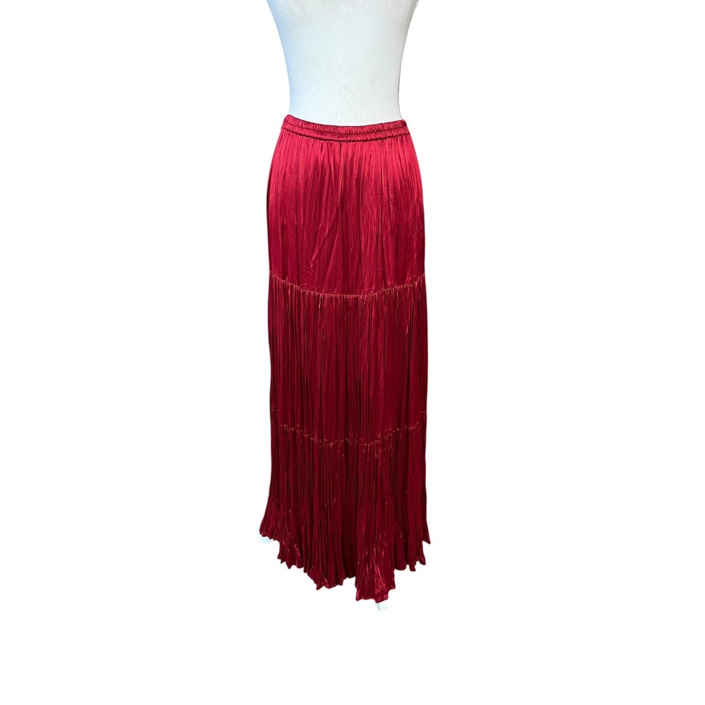 Double D Ranchwear Womens Red Pleated Tiered Maxi Skirt Satin Sheen Western M - Picture 8 of 8